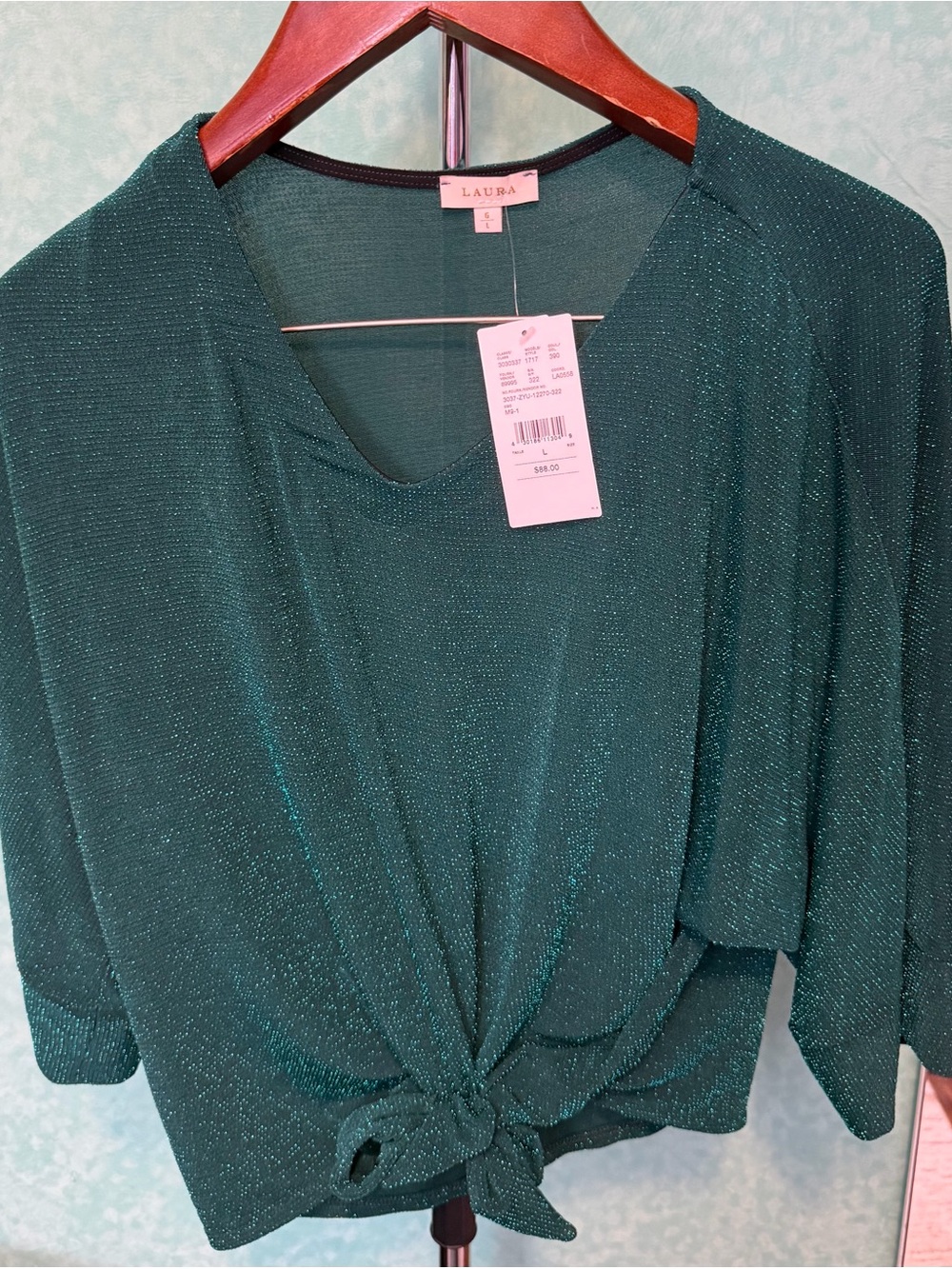 ✨🪩NWT Laura Metallic Teal Tie-Front Blouse